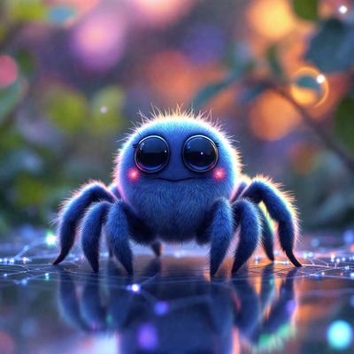 The primary subject of the image is a small, cute, and colorful spider. It is sitting on a surface, possibly a leaf or a branch, and appears to be smiling. The setting is outdoors, with a natural environment visible in the background. The visual style of the image is a combination of photo and digital art, creating a unique and whimsical appearance. The colors and mood of the image are predominantly bright and cheerful, with the spider's vibrant colors and the overall
